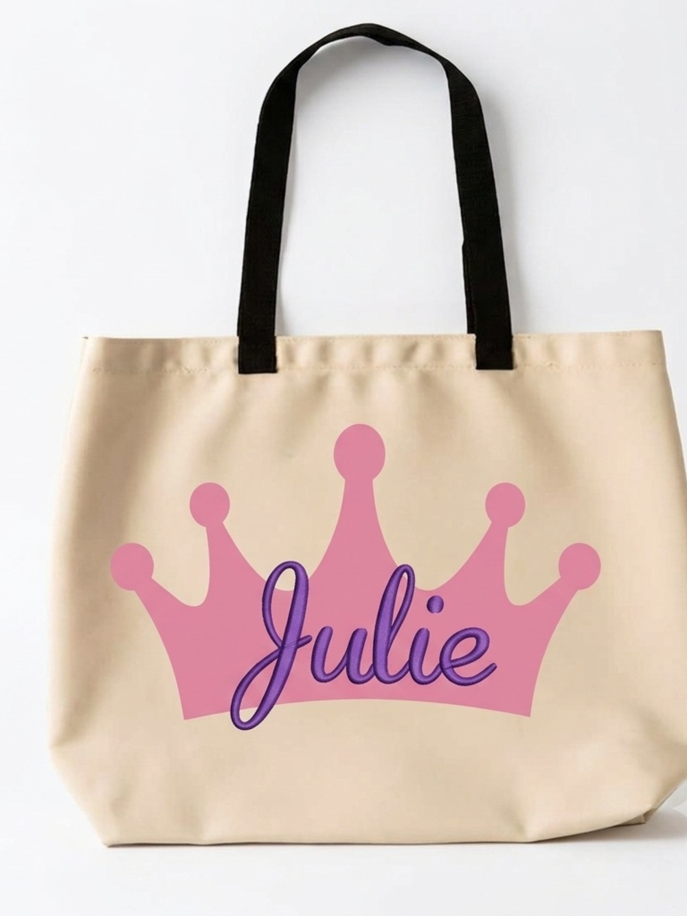 Personalized Pink Crown Tote Bag with Black Straps